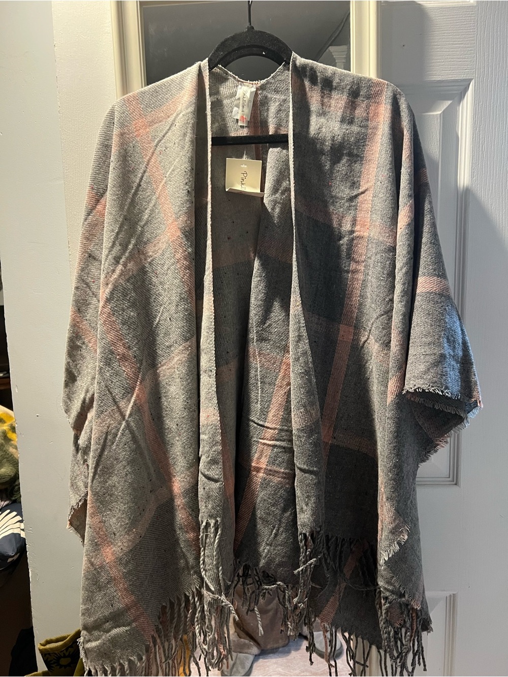 Gray and Dusty Pink Plaid Fringe Poncho/Wrap